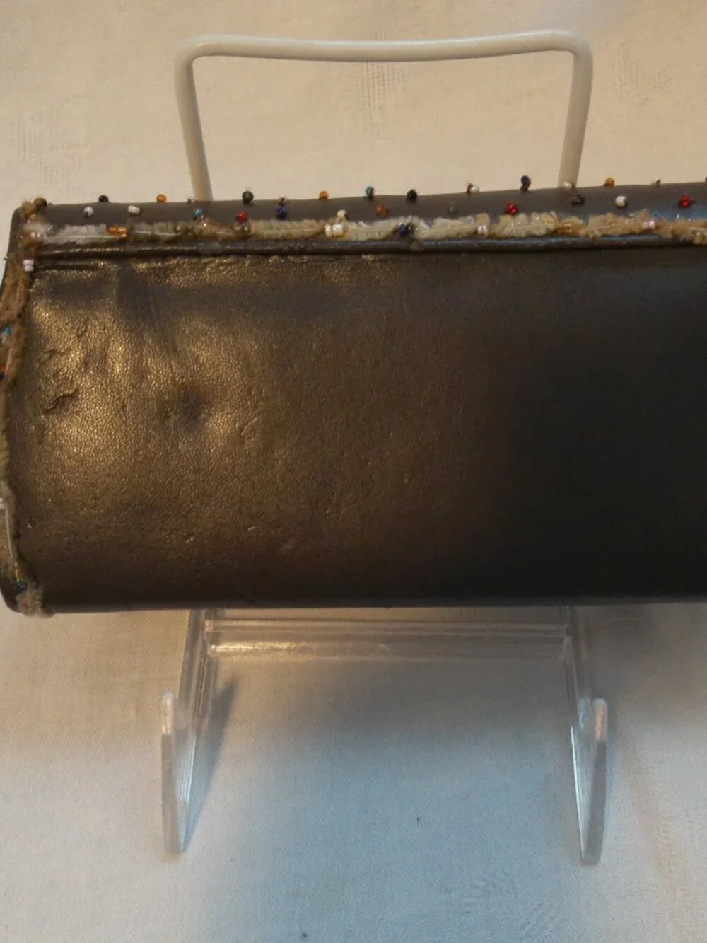 Mary Frances Brown Leather Evening Purse Eye Glass Case Beaded GUC